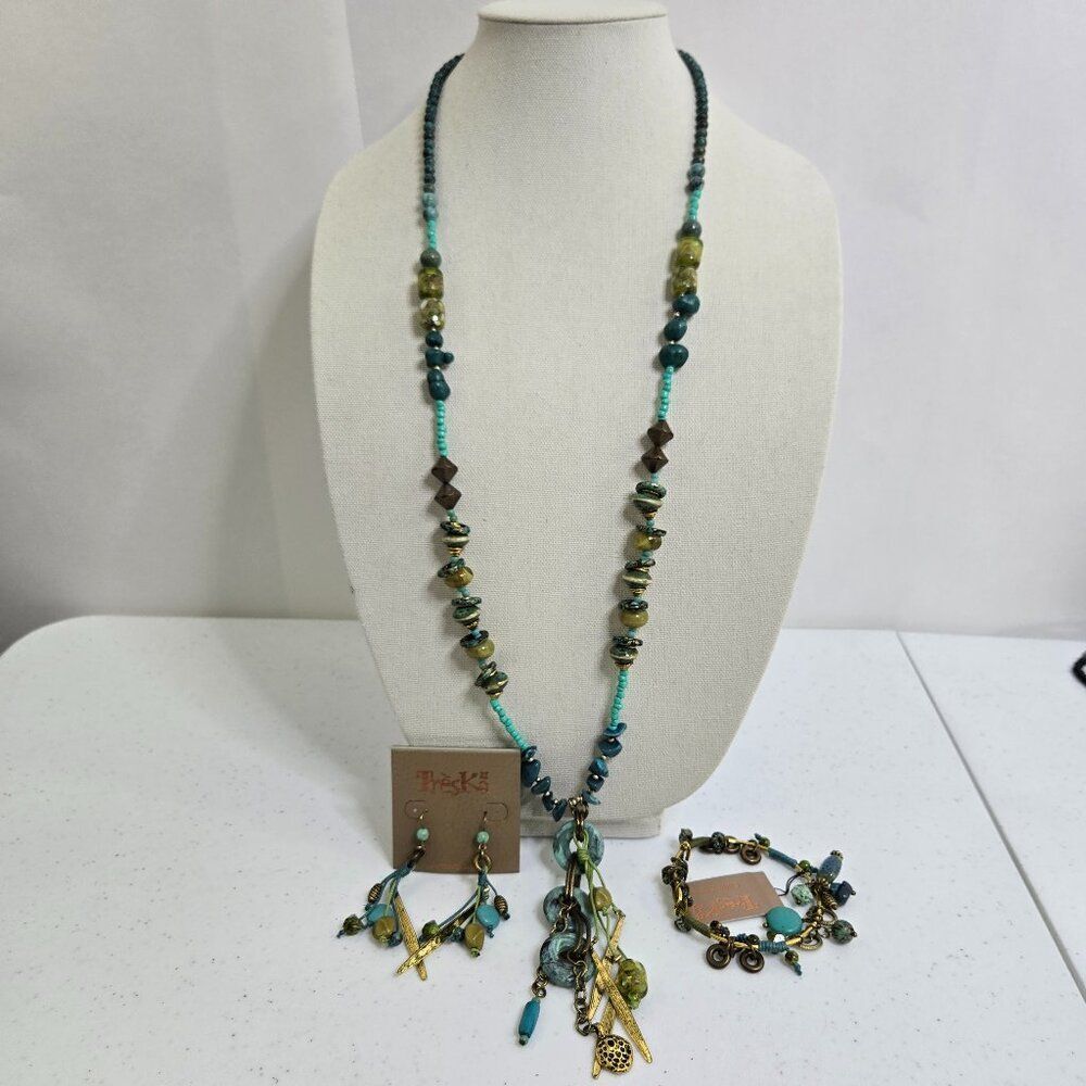 Treska Necklace Earrings Set Bracelet Blue Green Beaded Long Boho Gold Tone New